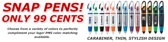 Snap Pens! Only 99 Cents. Choose from a variety of colors to perfectly compliment your logo! PMS color matching available.